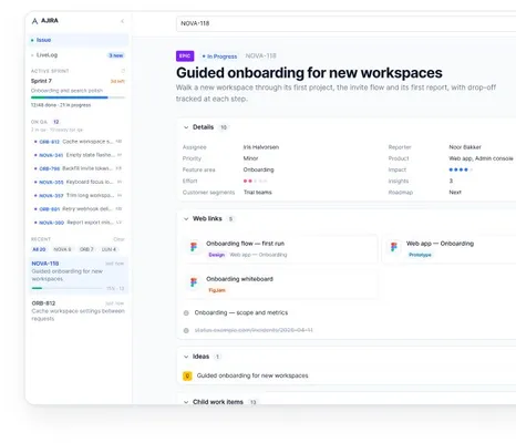 AJIRA issue page on demo data: a sprint sidebar, the epic's details, web links and ideas.