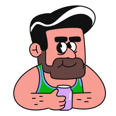 Cartoon illustration of a bearded man holding a can, from Barev's vocabulary cards.