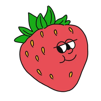 Cartoon strawberry with a sly face, from Barev's vocabulary cards.