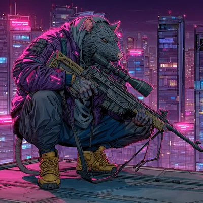 Comic-style grey rat in a hooded jacket crouching on a rooftop with a sniper rifle against a neon city.