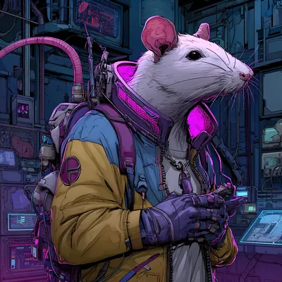 White rat medic in a yellow and blue jacket with a glowing collar, in a laboratory full of devices.
