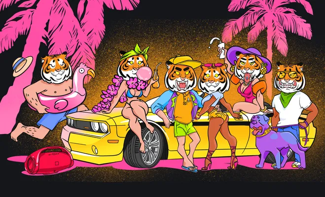 The RRARR wallboard: a crowd of tigers in beachwear around a yellow muscle car under pink palms, one with a boombox and a purple panther on a lead. Art by @anutkajpg.