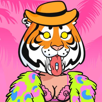 Another carousel tiger: an orange hat, a pill on the tongue and a leopard-print fur coat. Art by @anutkajpg.