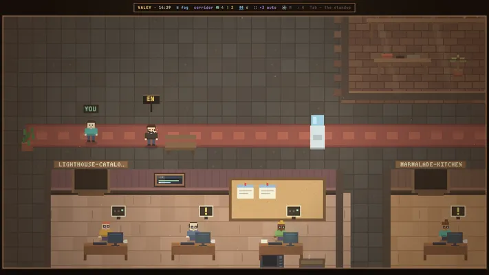 Pixel-art office corridor in Valey with two project rooms where agents sit at desks under status signs.