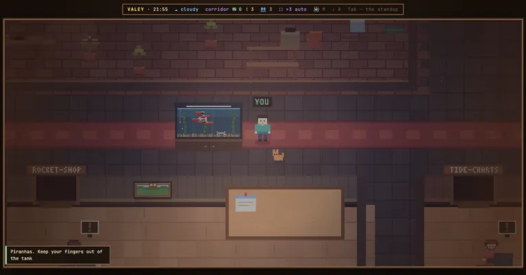 An aquarium with piranhas stands in the office corridor next to the player and an orange cat.
